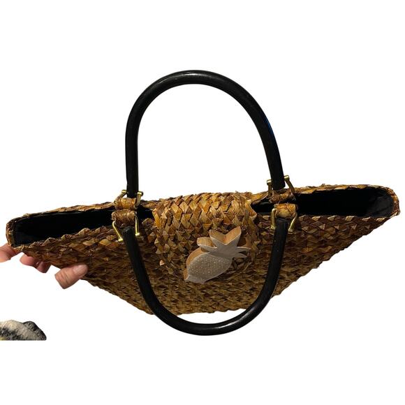 Wicker Straw Woven Handbag Wooden Pinapple Double Wooden Handles Beach vacation - Picture 7 of 10